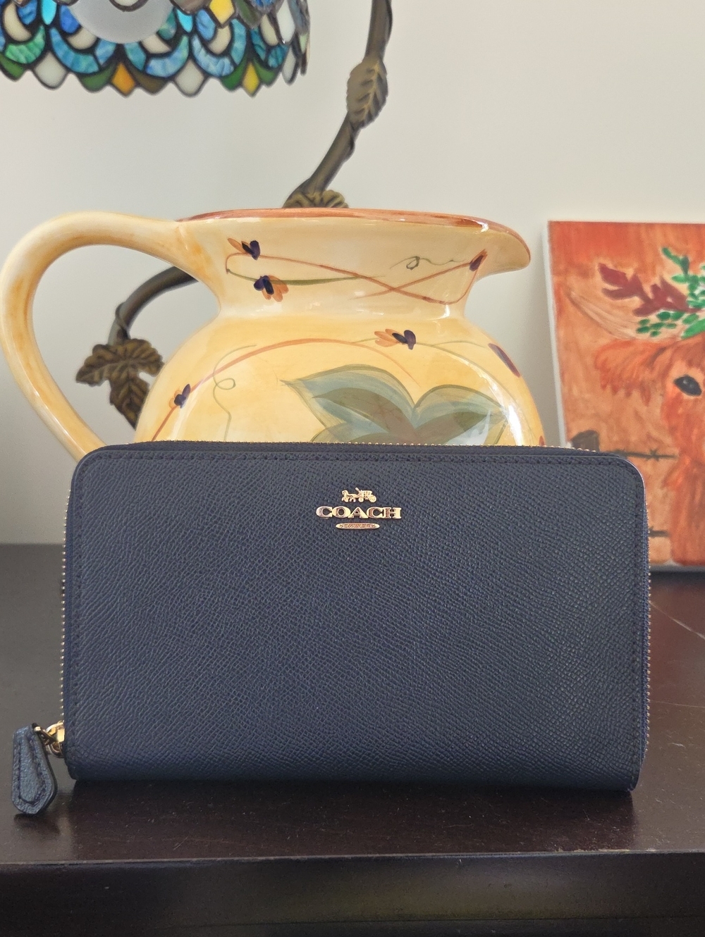 Coach Navy Saffiano Large Zip-Around Leather Wallet with Gold Logo